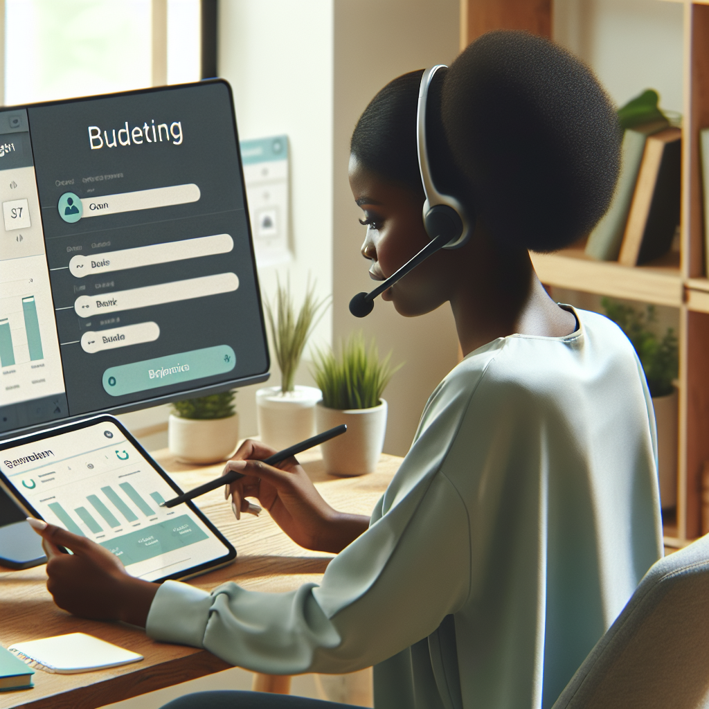 Customer success representative responding to budgeting inquiries via headset while referencing structured follow-up workflows and feedback dashboards displayed on tablets across a mint and cream workspace.