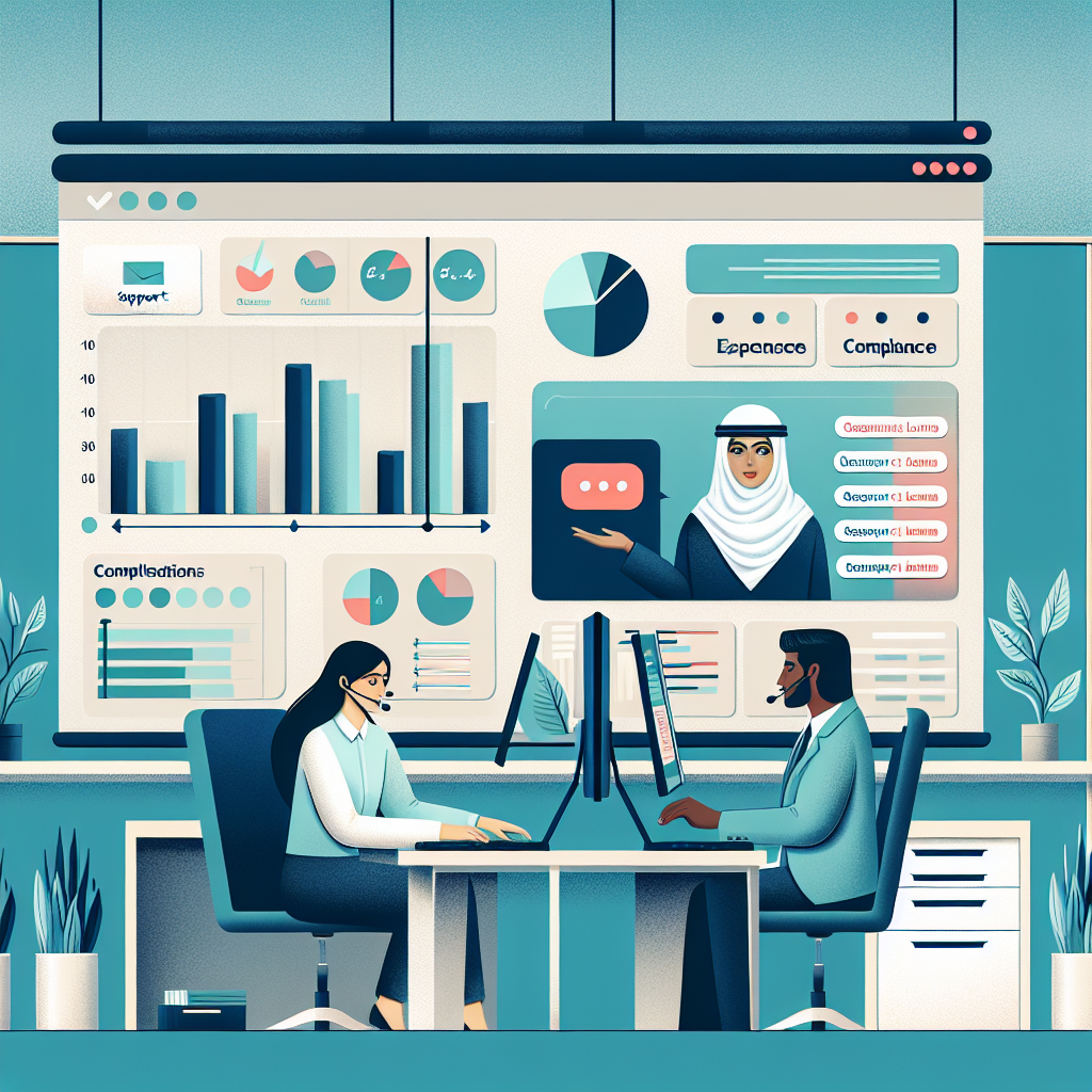 Depiction of support specialist chatting online with a learner while evaluating segmented expense charts and compliance indicators on dual monitors within a neat mint and slate colored office setting.