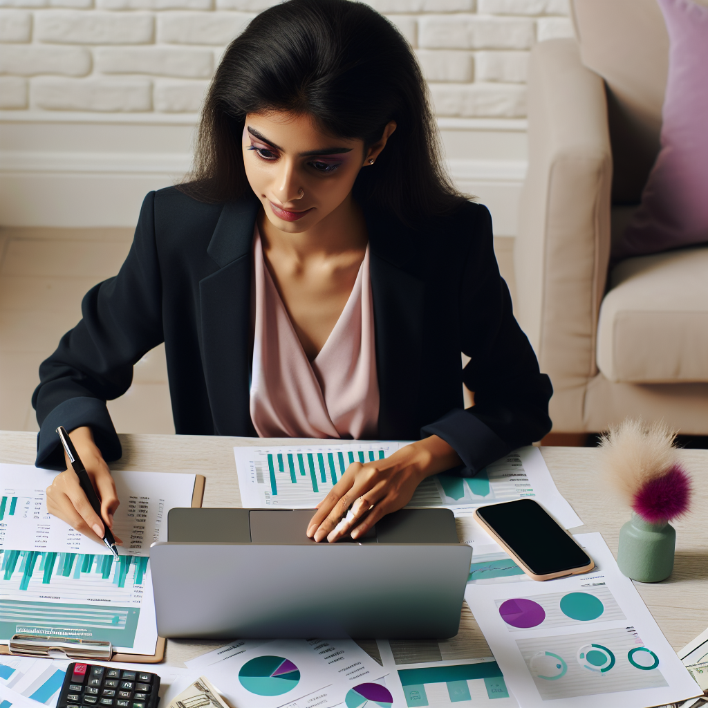 Illustration of a German professional analyzing a household budget dashboard on a laptop with mint green charts, violet highlights, and organized financial documents on a cream desk background.
