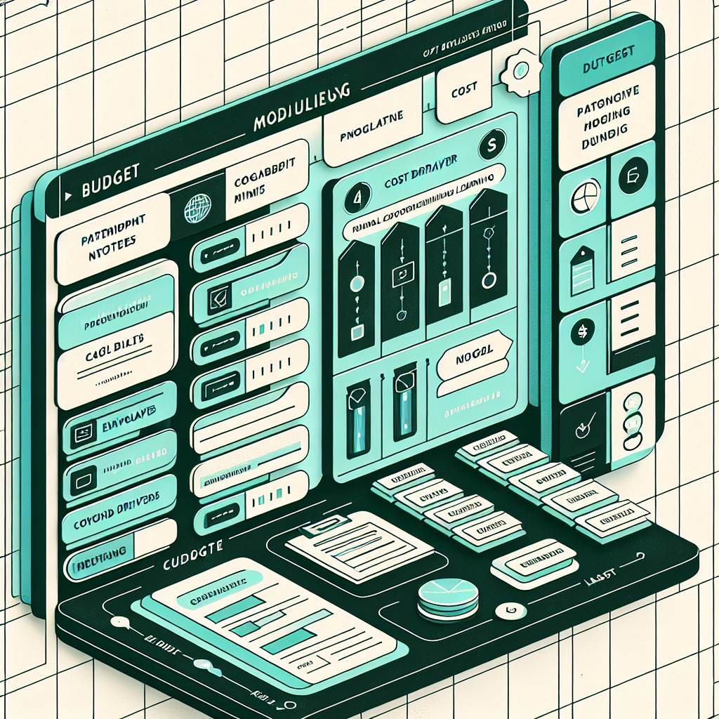 Conceptual visualization of modular budget learning interface showing stepwise progress bars, categorized envelopes, cost drivers, and participant notes layered over a mint and dark slate grid workspace.