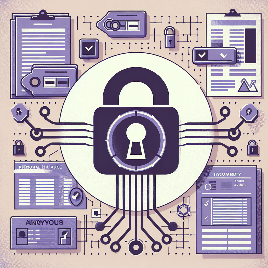Stylized lock icon overlaying personal finance documents, anonymized transaction tables, and consent toggles illustrating German data protection compliance for digital budgeting services in calming violet and cream shades.