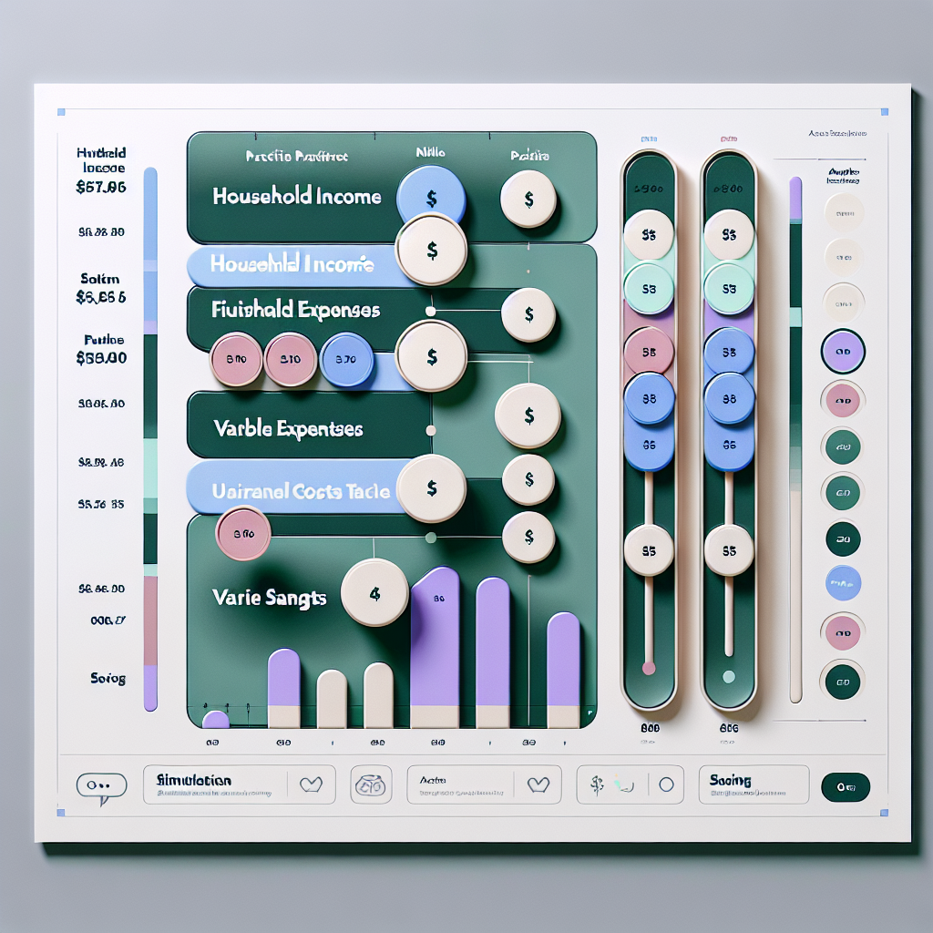 Interactive chart composition depicting sliders for household income, fixed expenses, variable costs, and savings targets with real-time feedback bubbles in mint, cream, and violet colors for online budgeting practice.