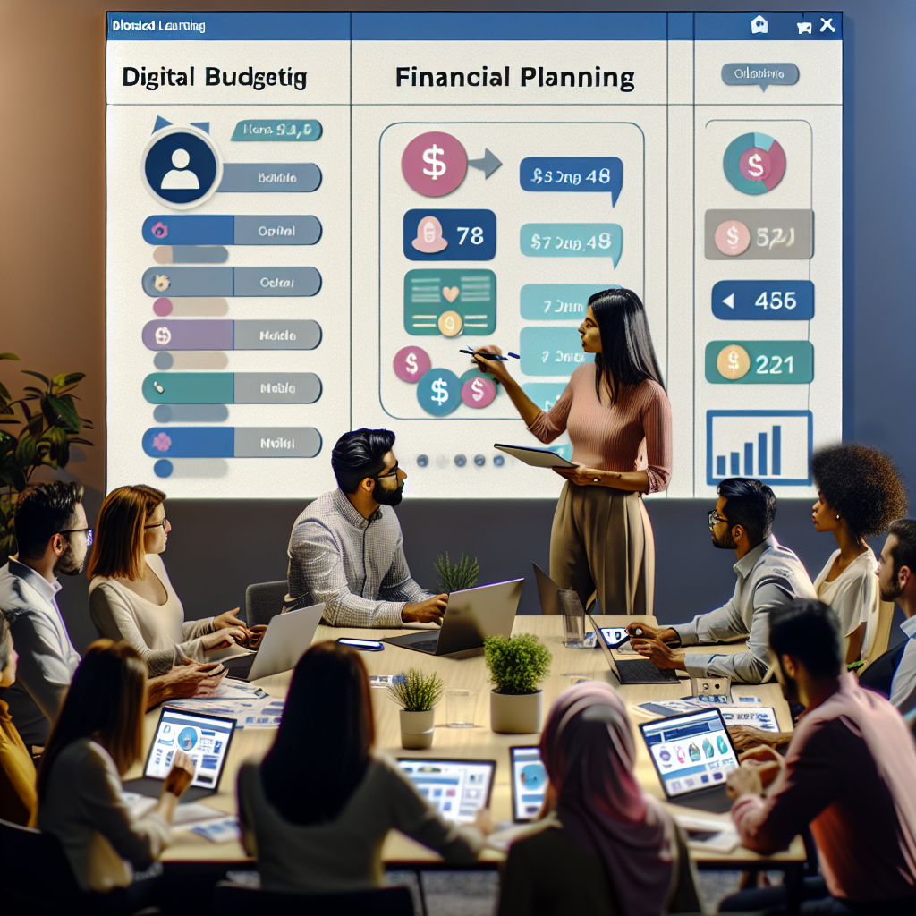 Scene of a blended learning workshop where a facilitator guides participants through financial planning canvases projected on a screen, highlighting collaborative annotations and digital budget tools under pastel lighting.